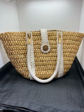 Michael Kors Santorini Woven Straw Tote Ivory Leather Trim Large Bag